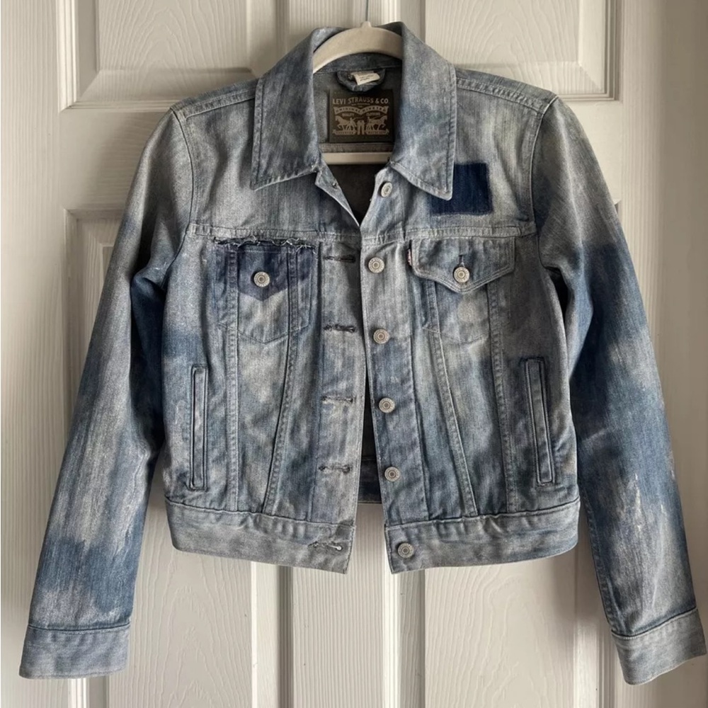 Small Womens Levis Denim Jacket Painted Boho Jean Long Sleeve Distressed blue